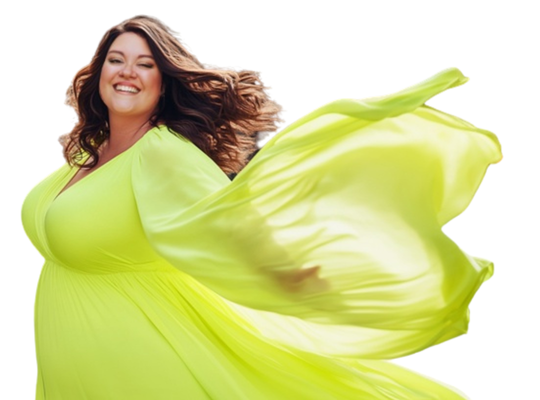 Lauren Diana smiling in a flowing lime dress